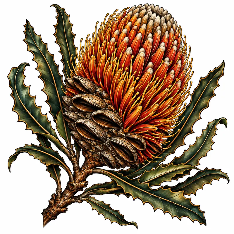 Banksia tattoo design concept, neo-traditional colour, suited to forearm, shoulder, ribs