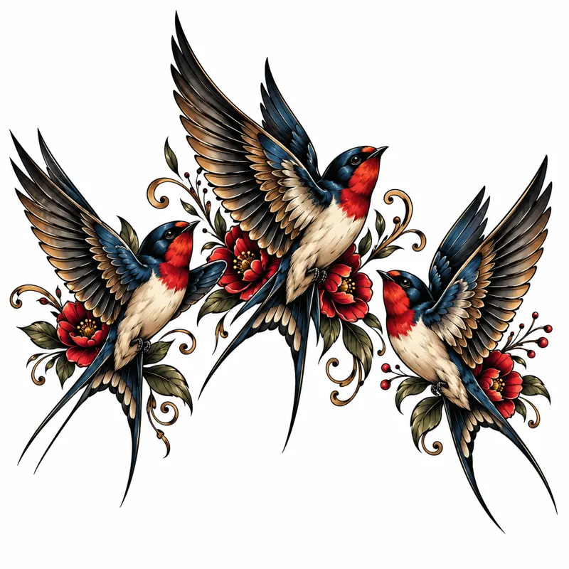 Swallows and roses tattoo design concept, traditional colour