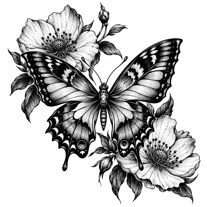 Butterfly and flowers tattoo design concept, heavy blackwork, suited to forearm, shoulder, thigh