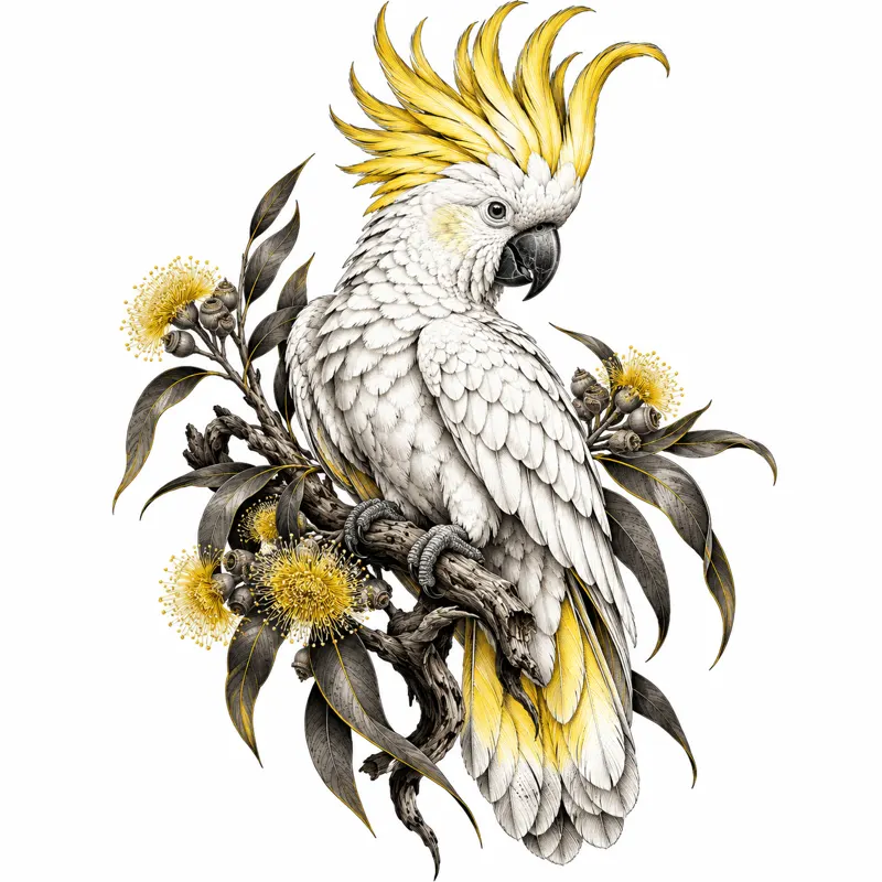 Cockatoo tattoo design concept, bold fine line, suited to forearm, shoulder, calf