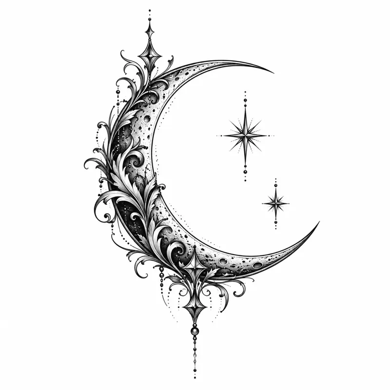 Crescent moon tattoo design concept, bold fine line, suited to wrist, ankle, behind ear