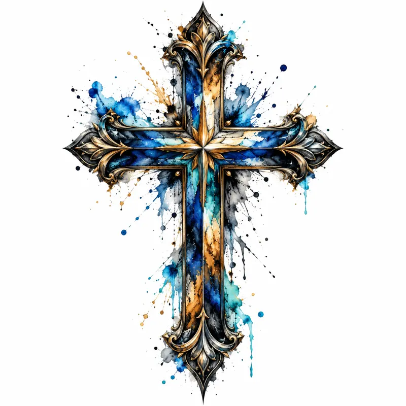 Cross tattoo design concept, artsy illustrative watercolour, suited to wrist, forearm, chest