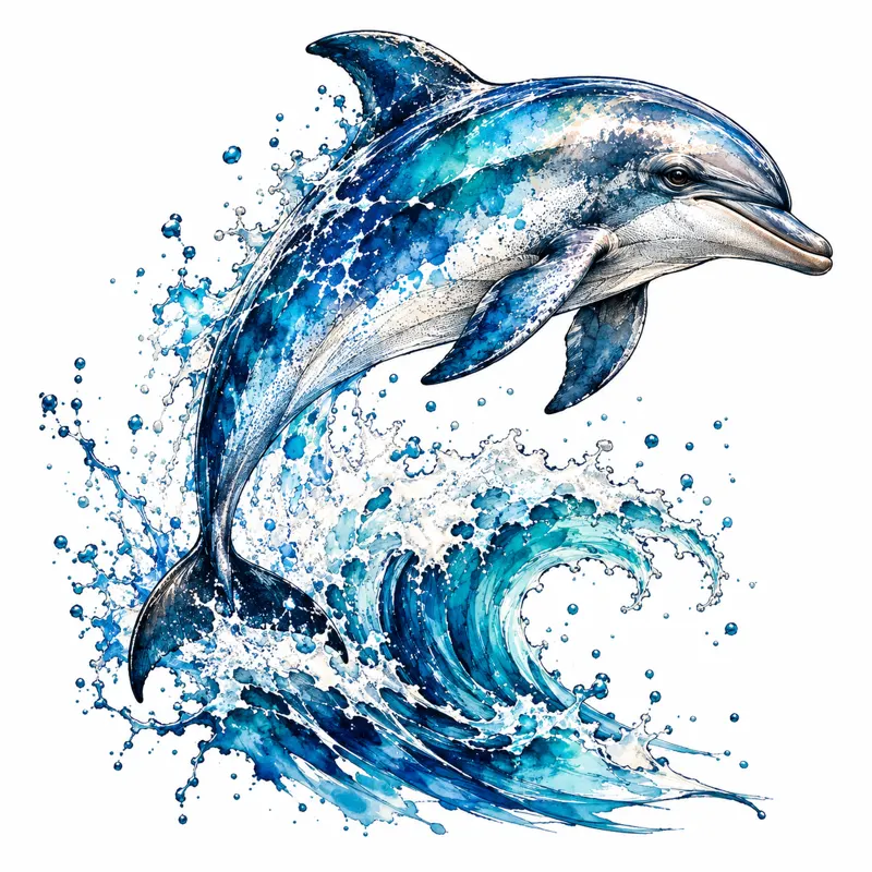 Dolphin tattoo design concept, artsy illustrative watercolour, suited to ankle, shoulder, forearm