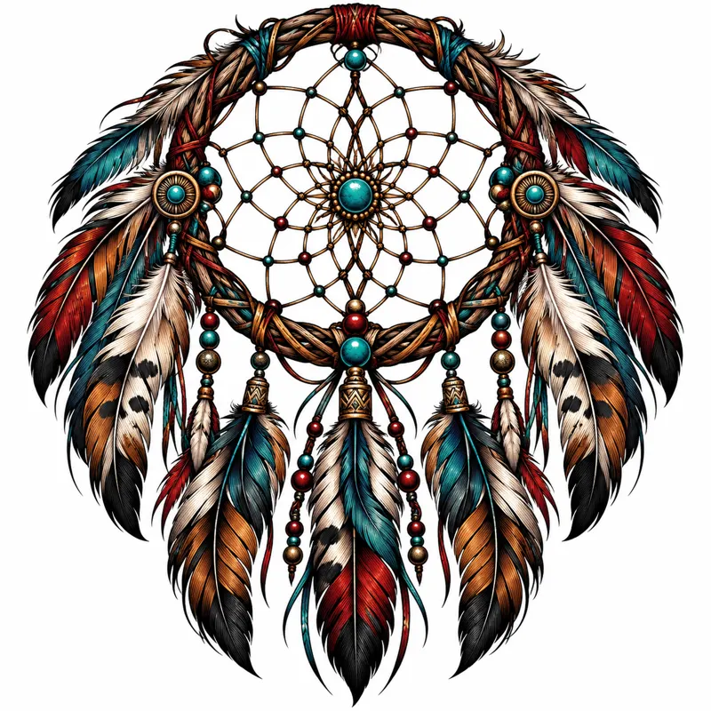 Dreamcatcher tattoo design concept, neo-traditional colour, suited to shoulder, upper arm, thigh