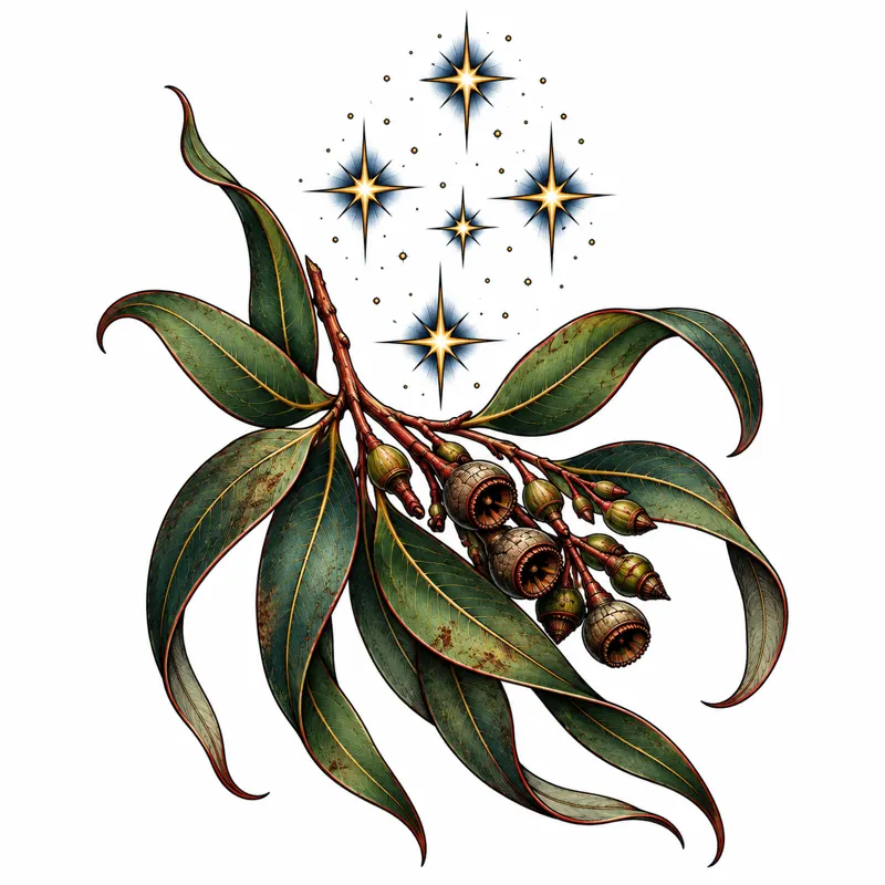 Eucalyptus and Southern Cross tattoo design concept, neo-traditional colour, suited to forearm, ribs, shoulder