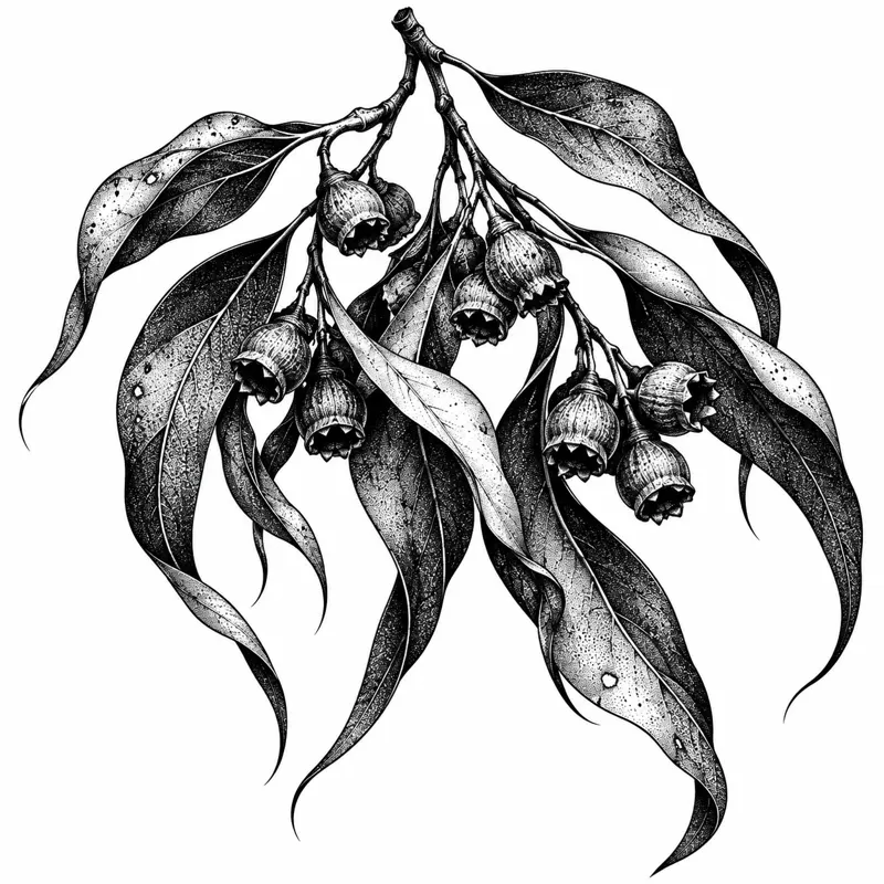 Eucalyptus branch tattoo design concept, heavy blackwork, suited to forearm, ribs, shoulder