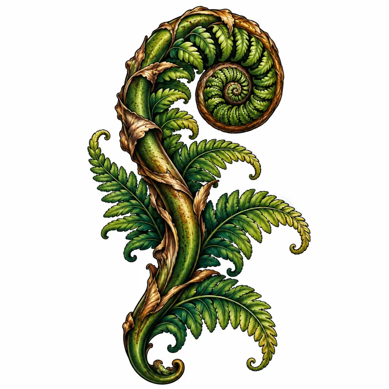 Fern tattoo design concept, neo-traditional colour, suited to forearm, calf, ribs