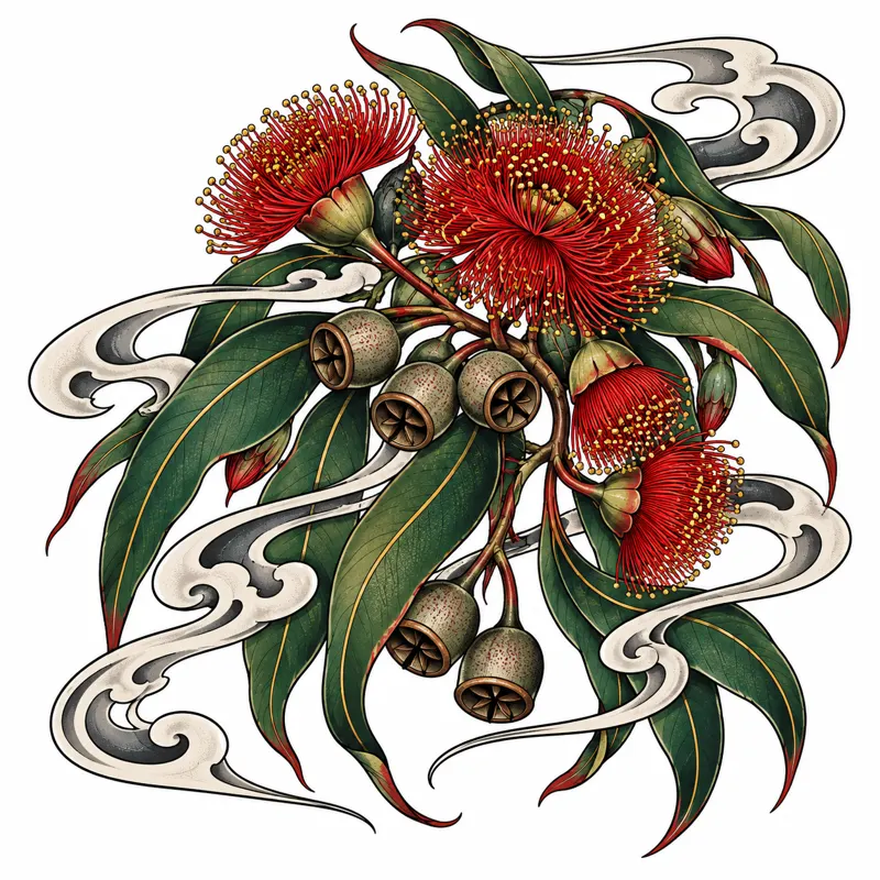 Gum leaves and blossom tattoo design concept, Japanese irezumi, suited to hand, wrist, behind ear