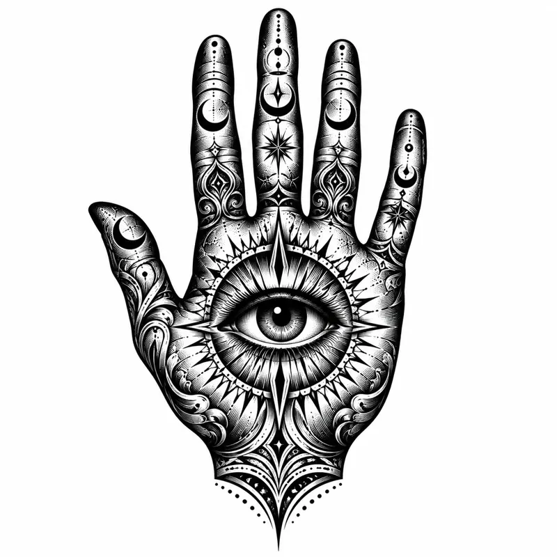 Hamsa hand tattoo design concept, heavy blackwork, suited to forearm, shoulder, wrist