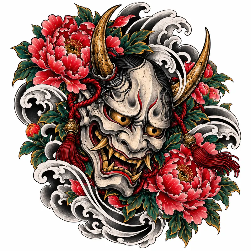Hannya mask with peonies tattoo design concept, Japanese irezumi, suited to wrist, ankle, forearm