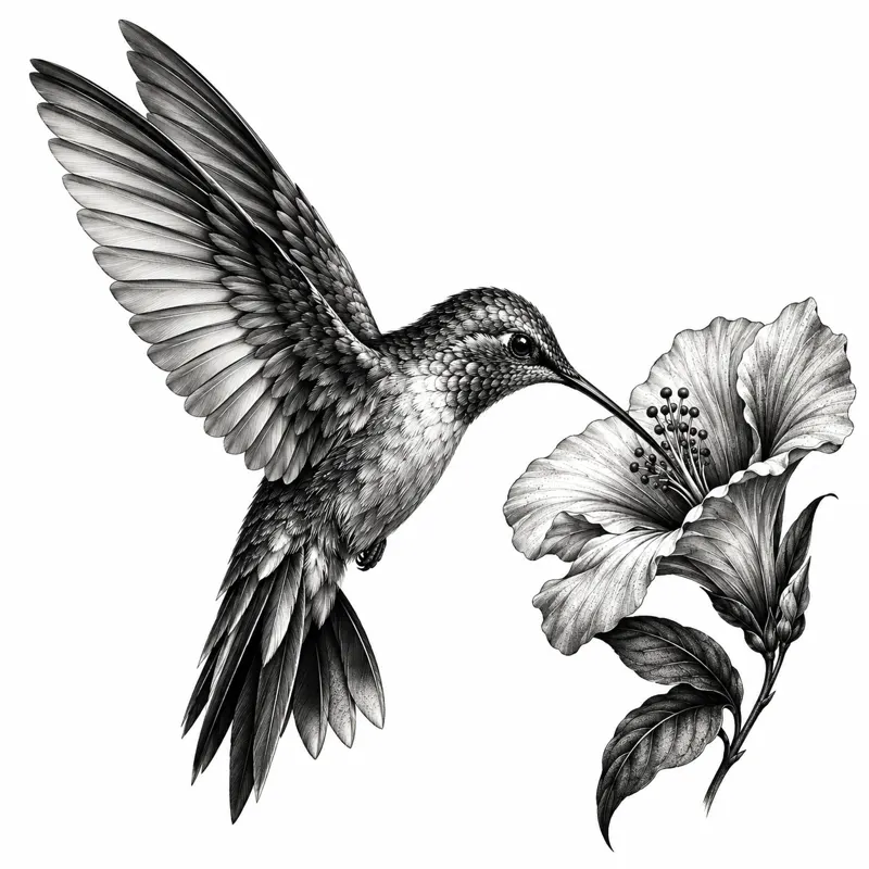 Hummingbird tattoo design concept, black and grey realism, suited to wrist, shoulder, ankle