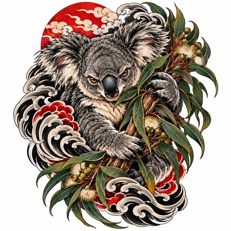 Koala tattoo design concept, Japanese irezumi, suited to forearm, shoulder, calf