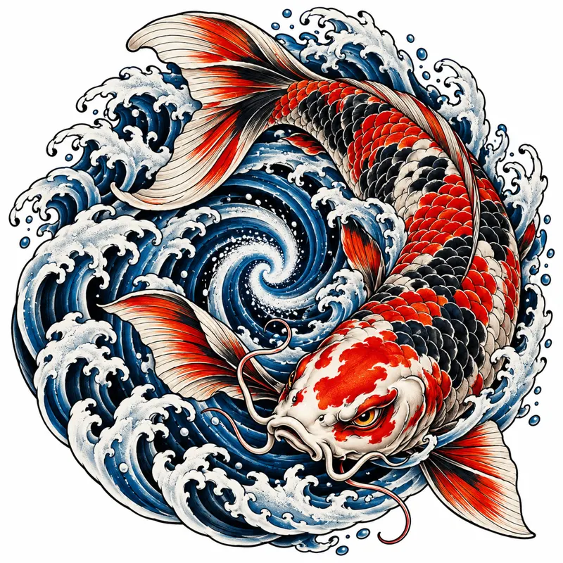 Koi fish tattoo design concept, Japanese irezumi, suited to forearm, calf, back