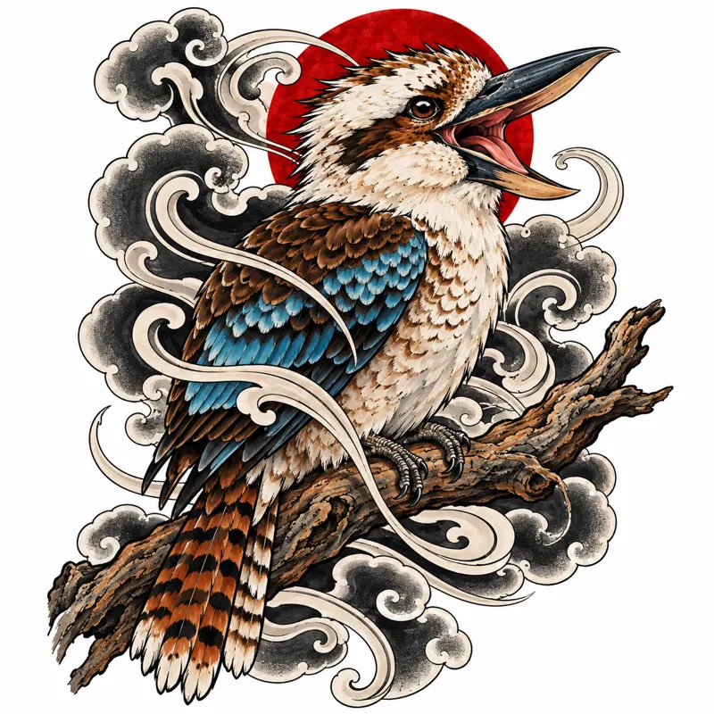Kookaburra tattoo design concept, Japanese irezumi, suited to forearm, shoulder, calf