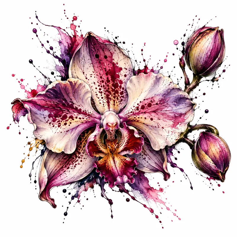Orchid tattoo design concept, artsy illustrative watercolour, suited to shoulder, forearm, ribs