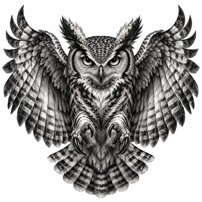 Owl tattoo design concept, black and grey realism, suited to forearm, shoulder, chest