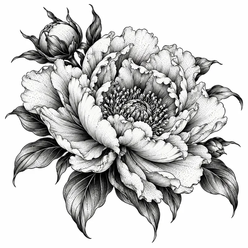 Peony tattoo design concept, bold fine line, suited to upper arm, thigh, shoulder