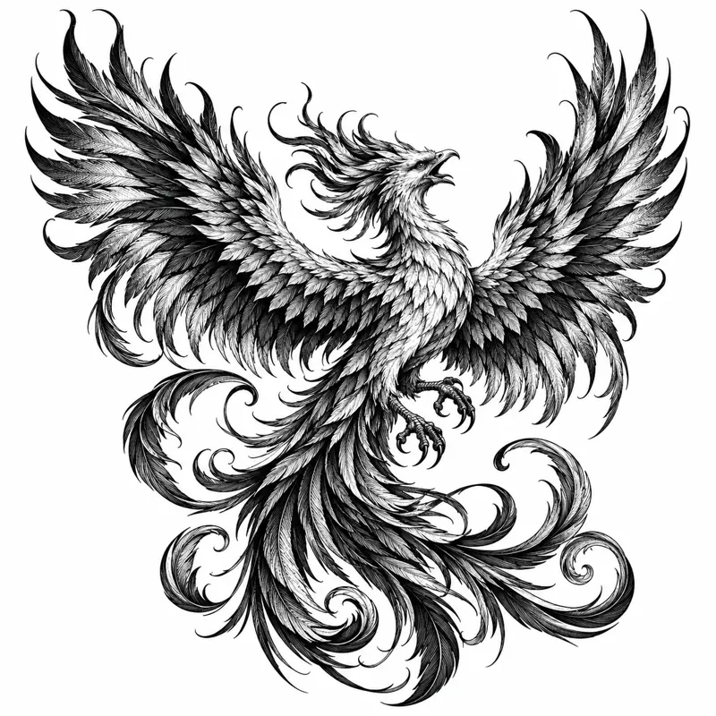 Phoenix tattoo design concept, heavy blackwork, suited to forearm, ribs, collarbone