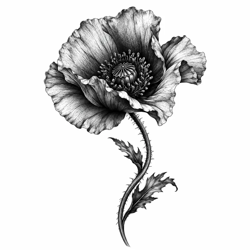 Poppy tattoo design concept, black and grey realism, suited to forearm, shoulder, ribs