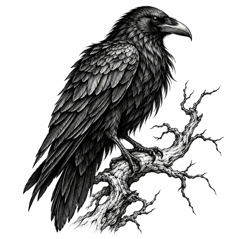 Raven tattoo design concept, bold fine line, suited to forearm, shoulder, chest