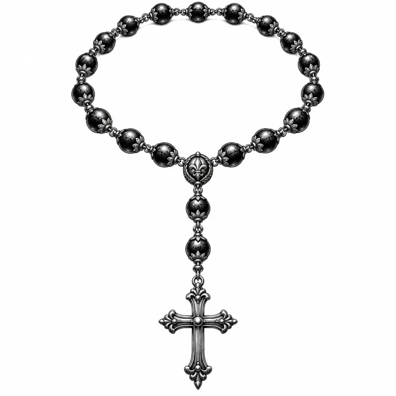 Rosary tattoo design concept, bold fine line, suited to forearm, wrist, chest