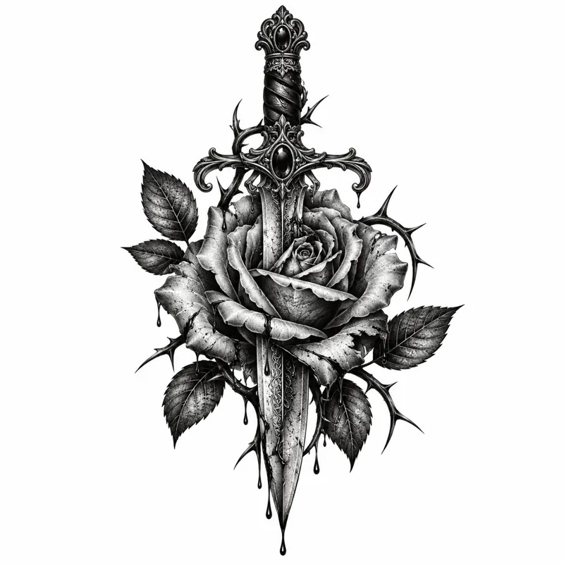 Rose and dagger tattoo design concept, black and grey realism, suited to wrist, forearm, ribs