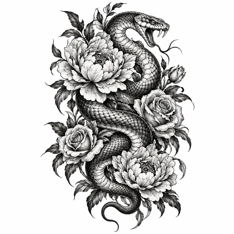 Snake with flowers tattoo design concept, bold fine line, suited to wrist, forearm, ankle