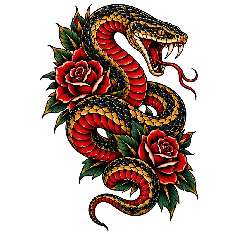 Snake tattoo design concept, fine line, traditional, suited to forearm, calf, upper arm