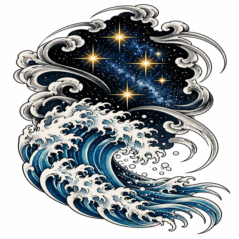 Southern Cross with wave tattoo design concept, Japanese irezumi, suited to forearm, shoulder, calf