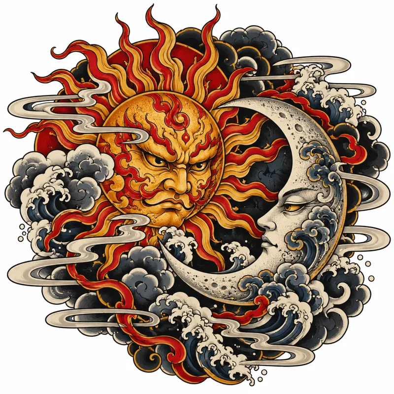 Sun and moon tattoo design concept, Japanese irezumi, suited to forearm, shoulder, sternum