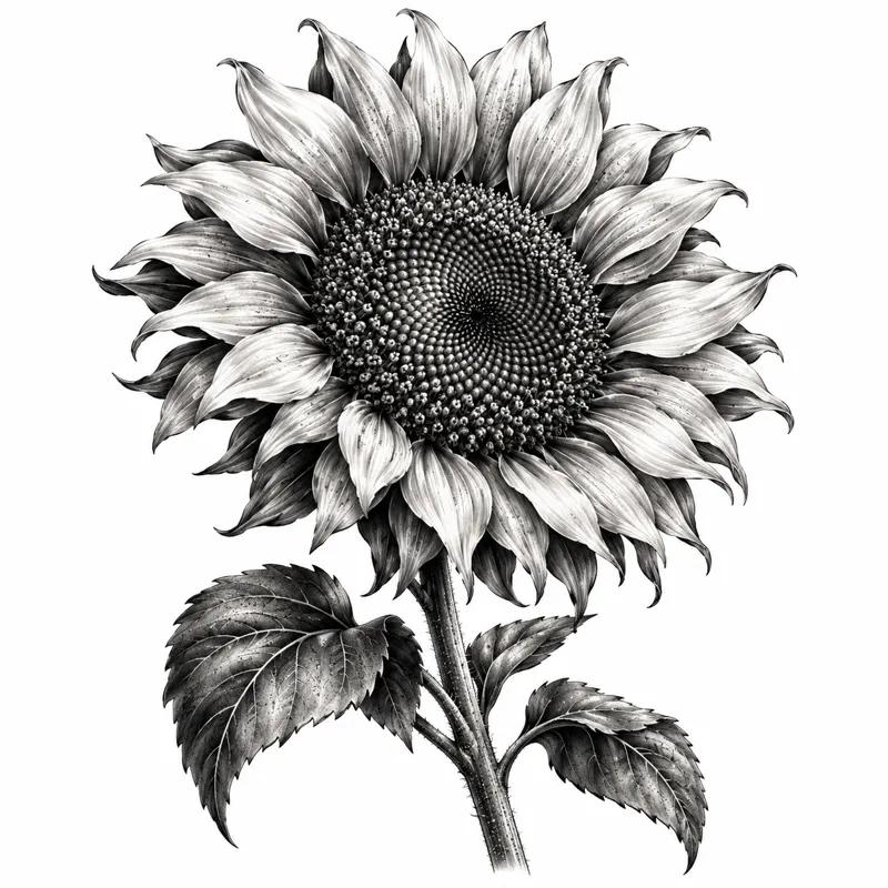 Sunflower tattoo design concept, black and grey realism, suited to forearm, shoulder, thigh