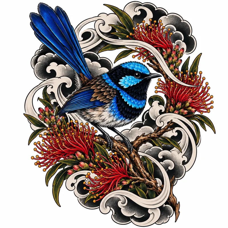 Superb fairy-wren tattoo design concept, Japanese irezumi, suited to forearm, ribs, chest
