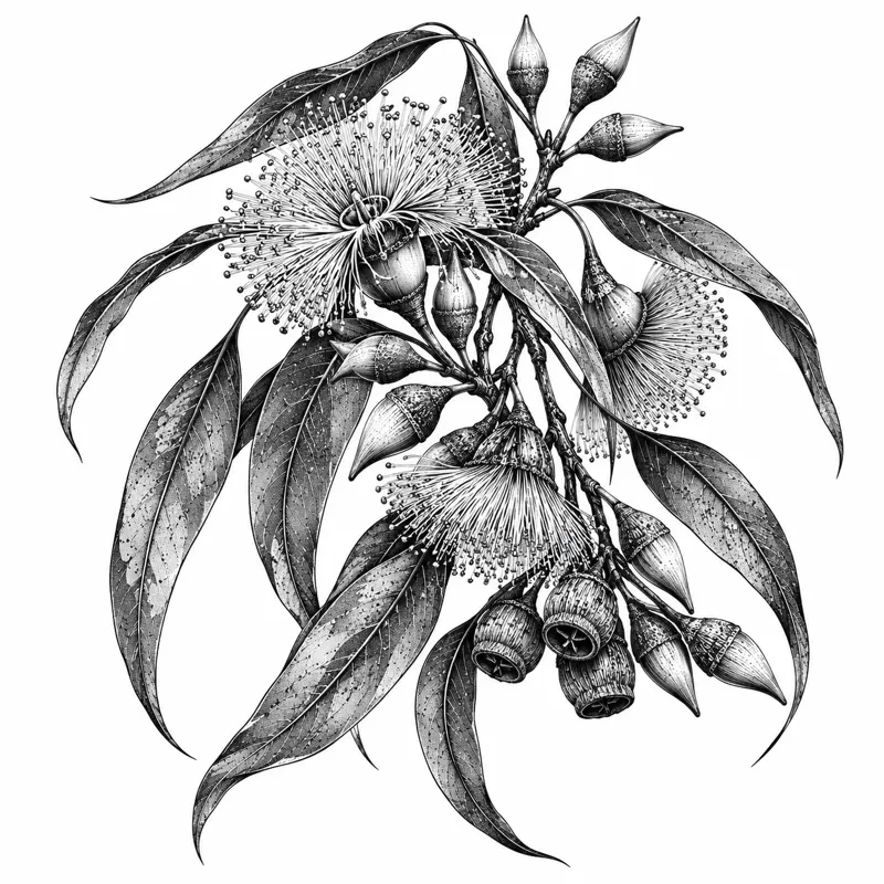 Tasmanian blue gum botanical tattoo design concept, bold fine line, suited to wrist, forearm, ankle