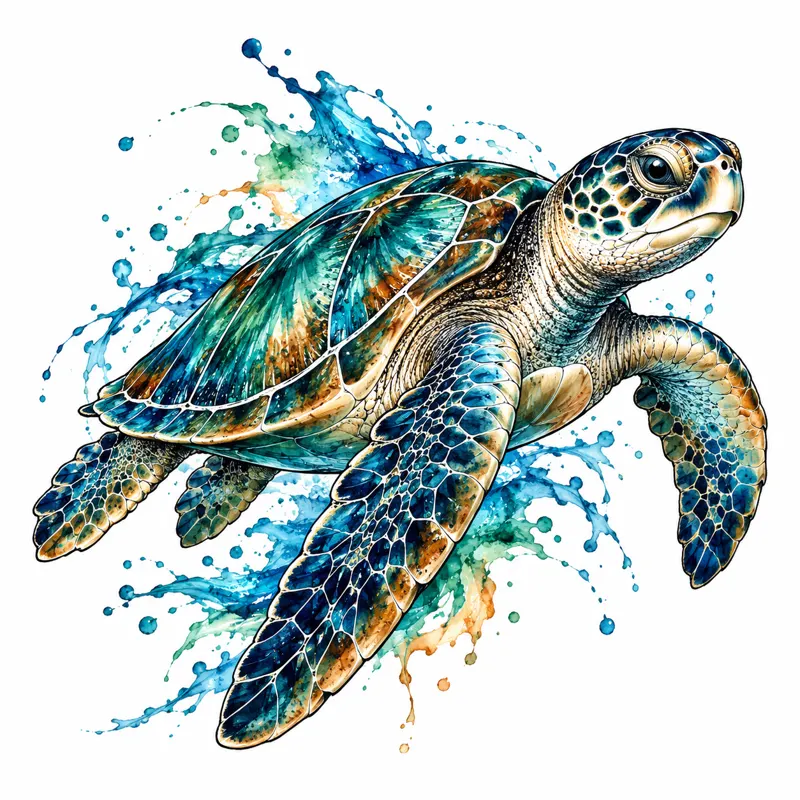 Turtle tattoo design concept, artsy illustrative watercolour, suited to ankle, forearm, shoulder