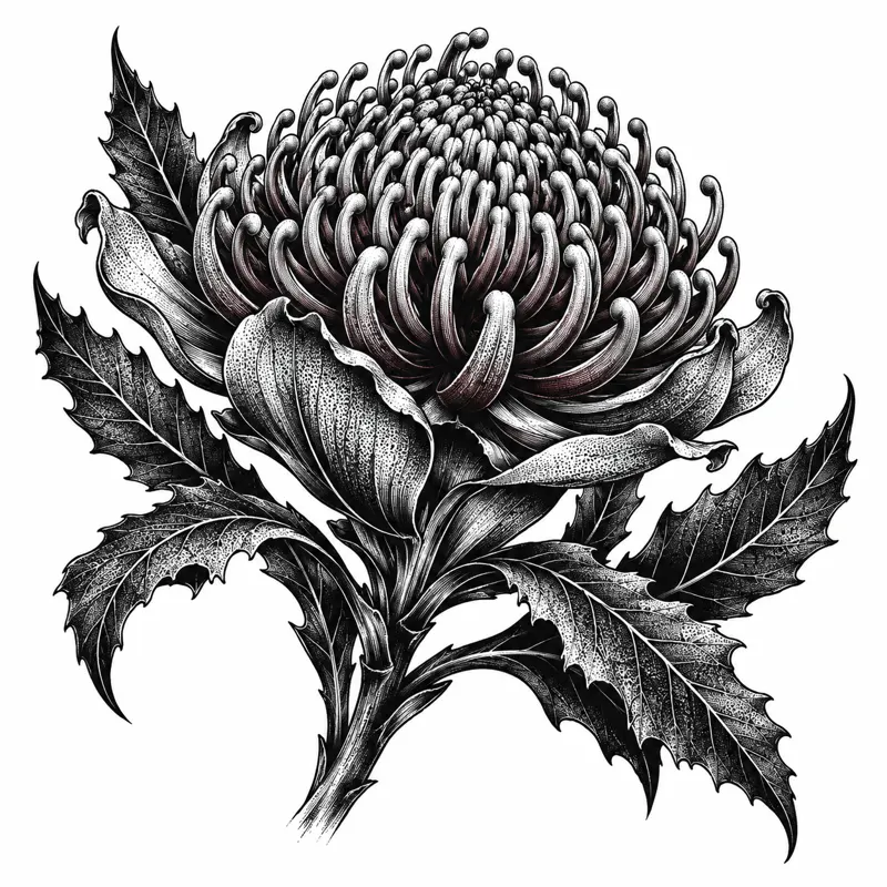 Waratah tattoo design concept, heavy blackwork, suited to forearm, shoulder, ribs