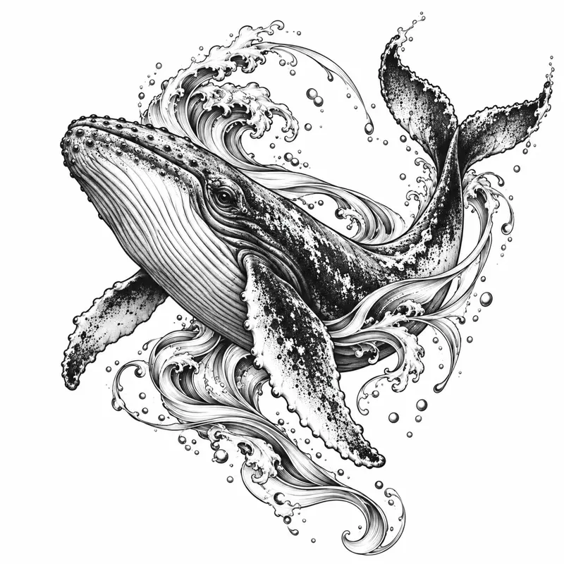 Whale tattoo design concept, bold fine line, suited to forearm, ribs, calf