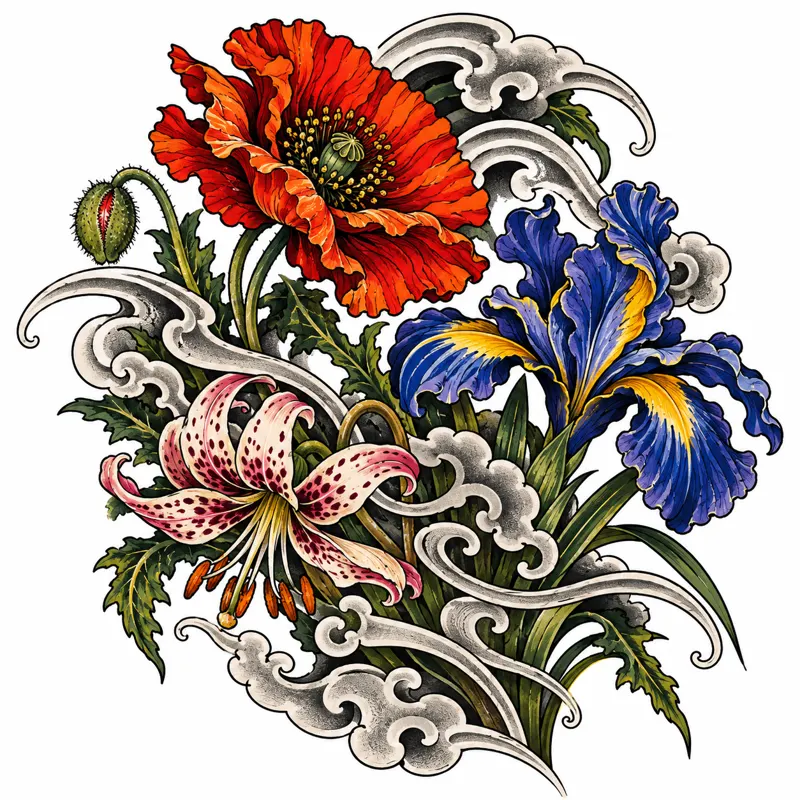 Wildflower bouquet tattoo design concept, Japanese irezumi, suited to forearm, ribs, thigh