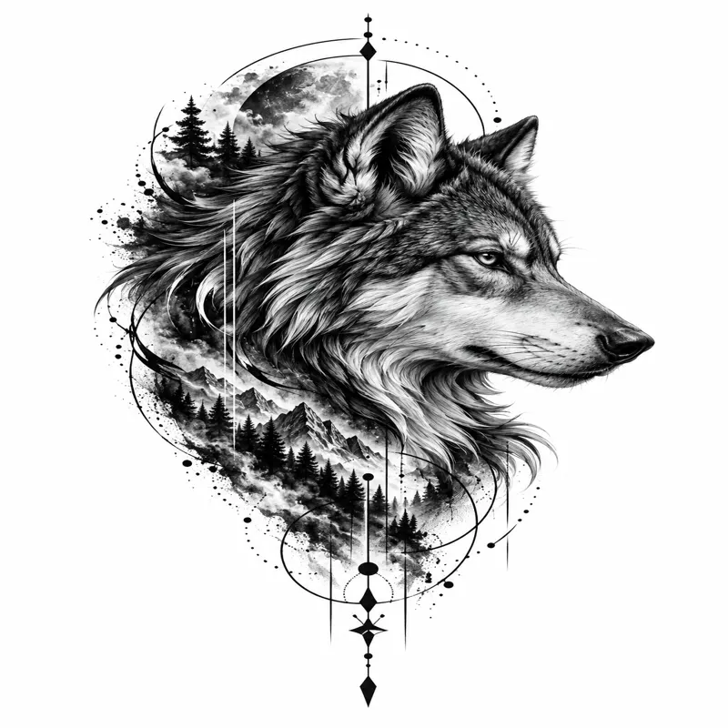 Wolf tattoo design concept, blackwork, illustrative, suited to forearm, upper arm, chest