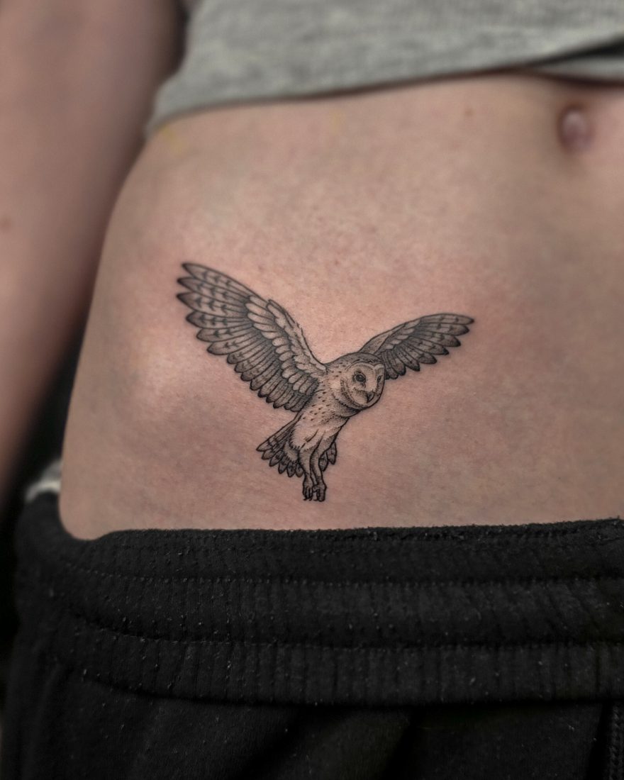 barn owl tattoo by Bruno at Hobart Tattoos
