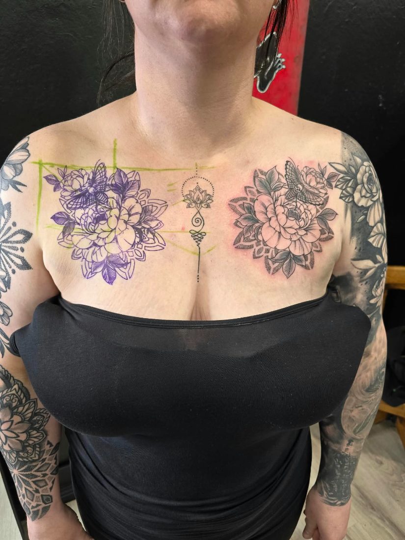 Chest piece in progress: stencil on one side, finished peony on the other, at Hobart Tattoos