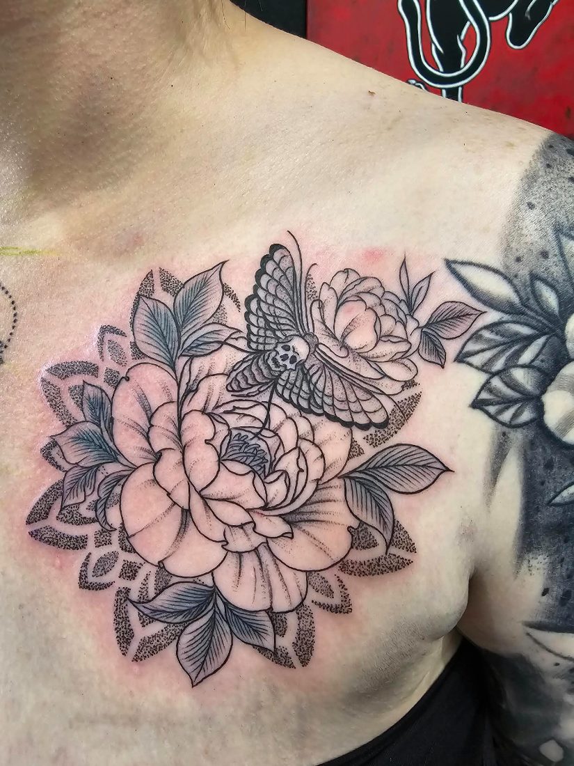 Peony and moth with dotwork mandala on the chest by Bruno at Hobart Tattoos