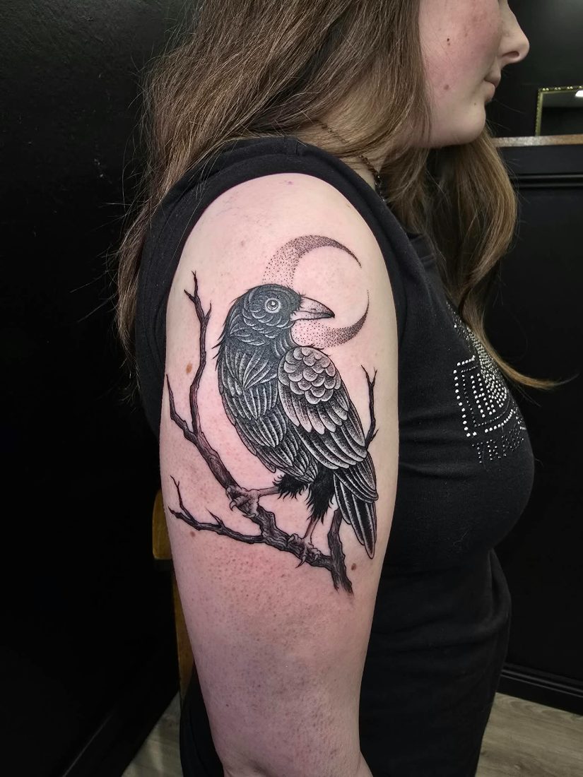 Blackwork raven on a branch with a dotwork crescent moon by Bruno at Hobart Tattoos